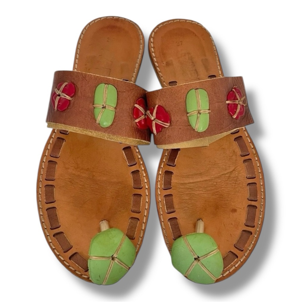 90s Sabry Handmade Italian Leather Beaded Boho Slide Sandals EU 37 US 7